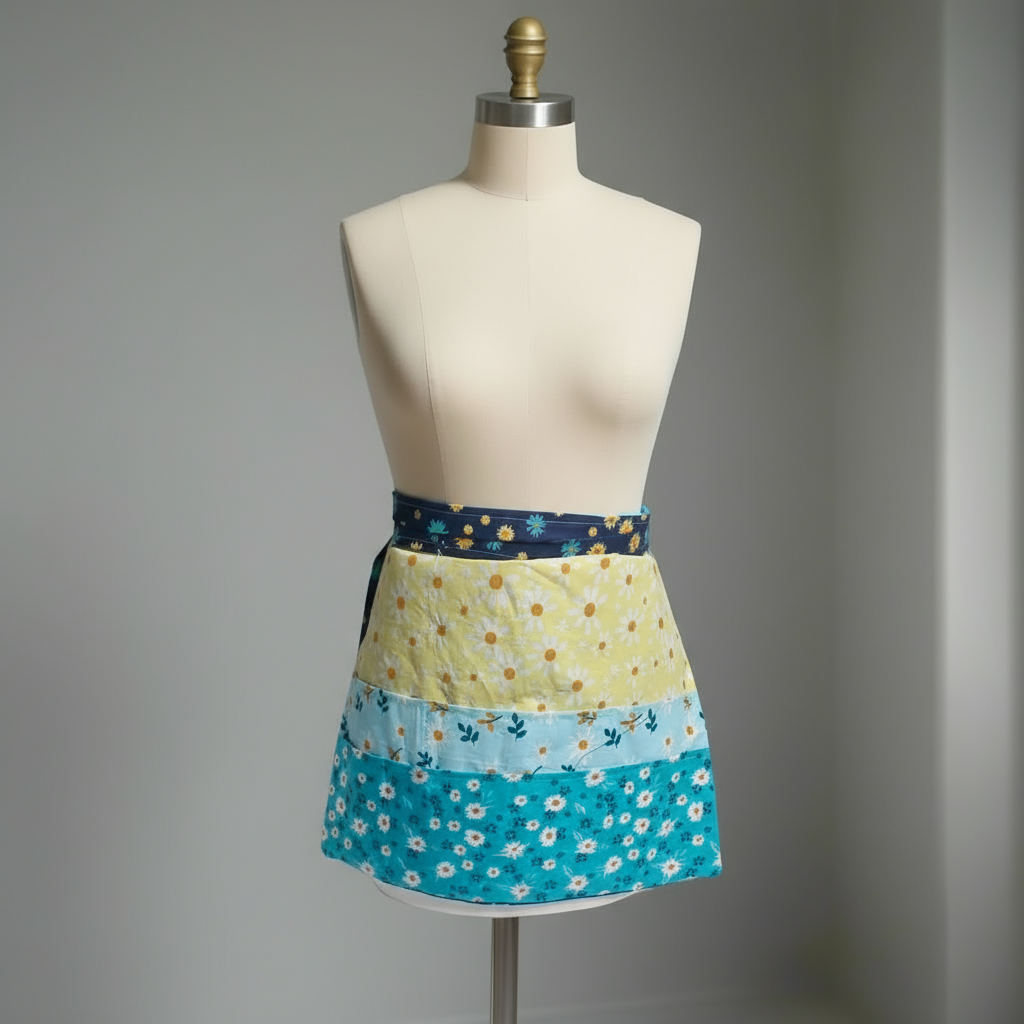 Colorful apron with floral patterns on a mannequin against a gray background