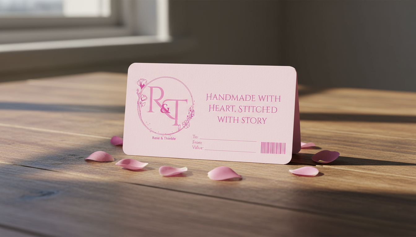 Logo and brand name 'Rose & Thimble' with tagline 'Handmade with heart, stitched with story' on a pink background.