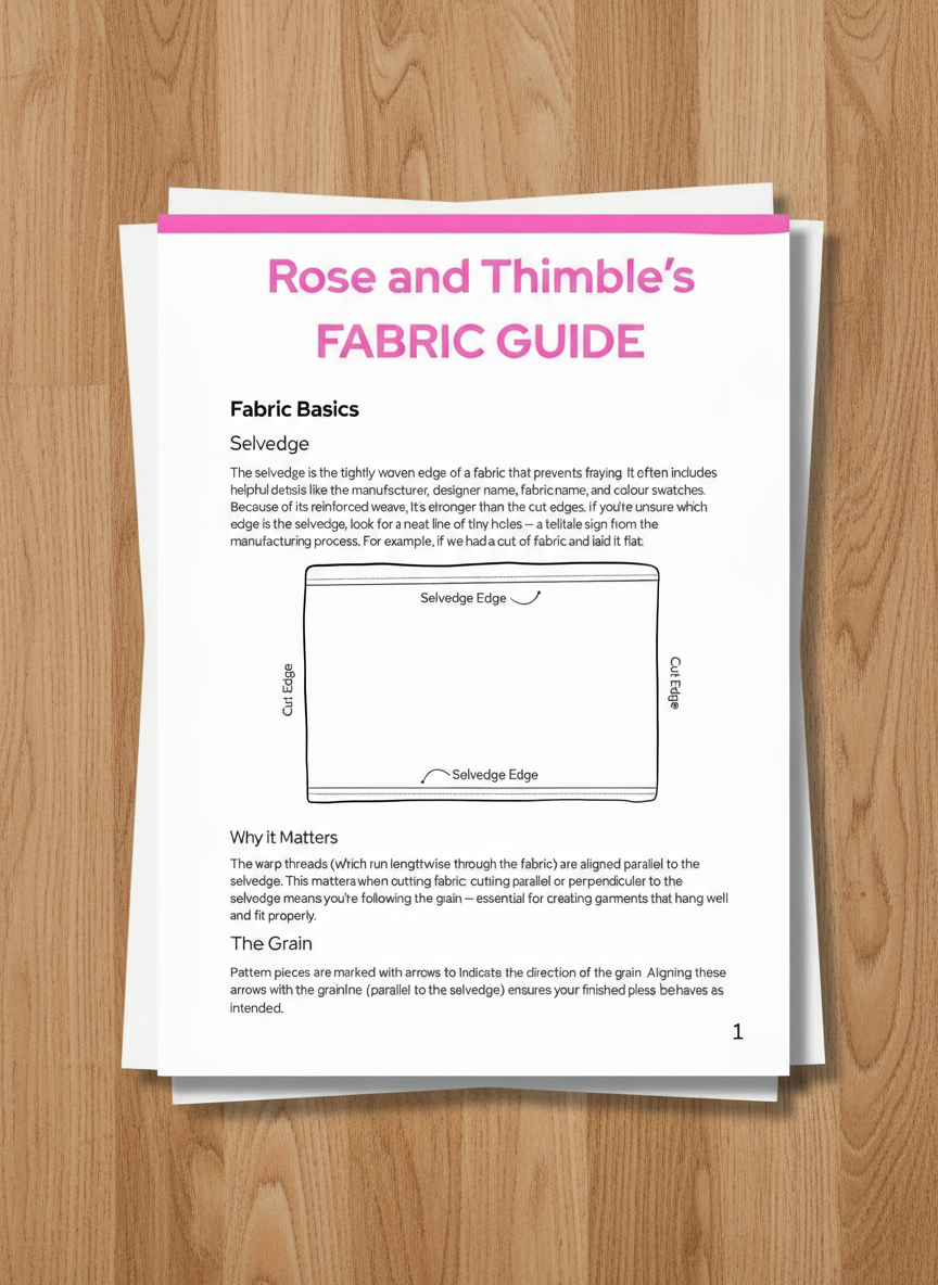 Rose and Thimble's Fabric Guide with text and diagram on fabric basics.